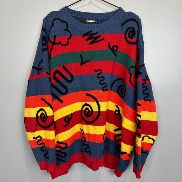 Vintage Tide Card Log Color Block Drawing Sweater Unisex - Picture 1 of 5